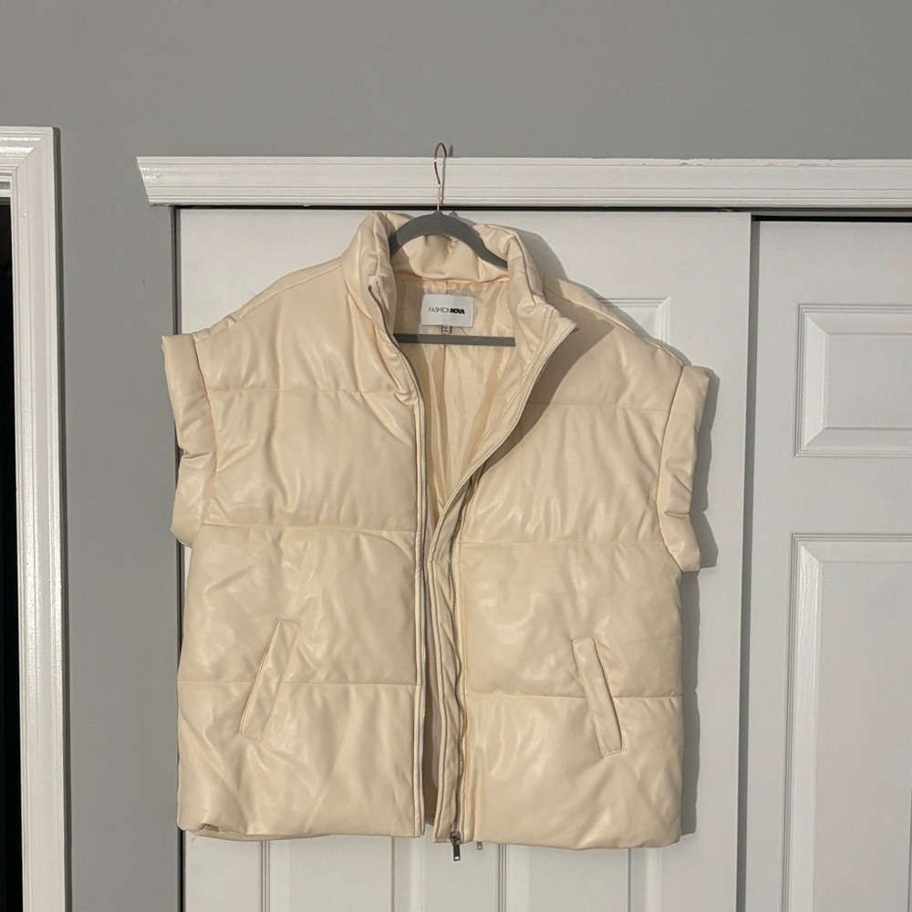 Fashion Nova Cream Faux Leather Puffer Vest